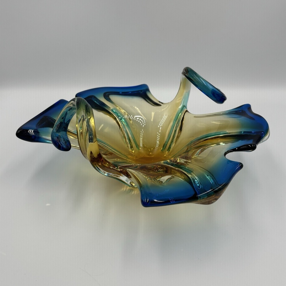 Vintage Murano-Style‎ Art Glass Bowl Amber And Blue MCM Hand Blown Candy Dish